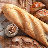 Overhead view of four types of fresh-baked bread