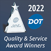 Image of pyramid-shaped trophy next to text, Congratulations 2022 Dot Quality & Service Award Winners