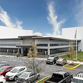 Front of distribution center and parking lot