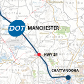 A map with the location of Manchester, Tennessee shown to be Dot Foods' 13th U.S. distribution center