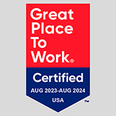 Badge with text: Great Place To Work Certified Aug 2023-Aug 2024 USA