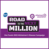 Purple graphic with Dot logo, Alzheimer's Association logo and text reading Road to the Next Million: Dot Foods 2022 Alzheimer's Disease Campaign