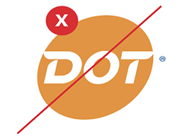 Dot Foods logo in yellow with a red line through it to show that yellow is the incorrect color for Dot's logo