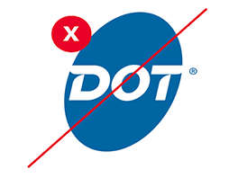 The Dot blue logo at a narrower width than is appropriate and a red line through it to signify that this is the incorrect way to display the Dot logo