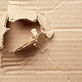 A broken cardboard box with a hole on the left side