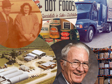 A collage of Dot Foods historial photos, which includes an overhead shot of Dot's first warehouse, Dot's founders Robert and Dorothy Tracy, a Dot Foods sign, and a Dot Transportation truck