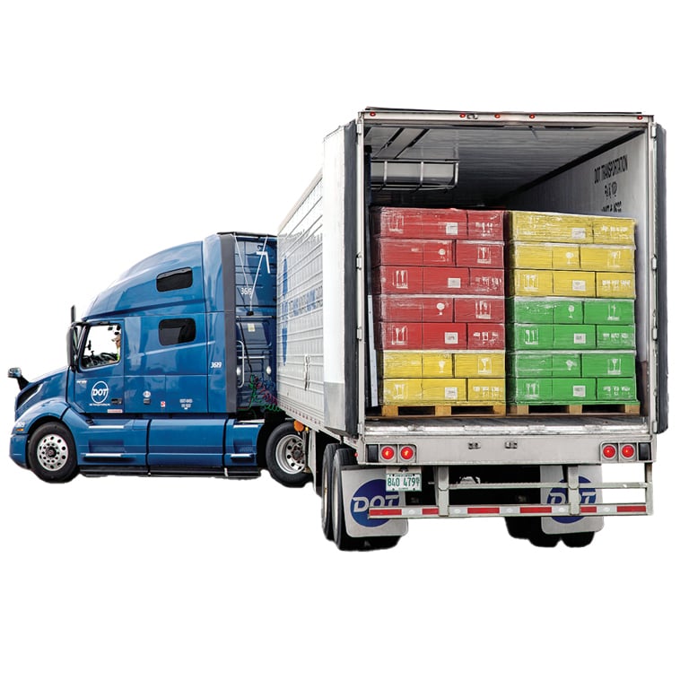 Dot truck delivering to a distributor