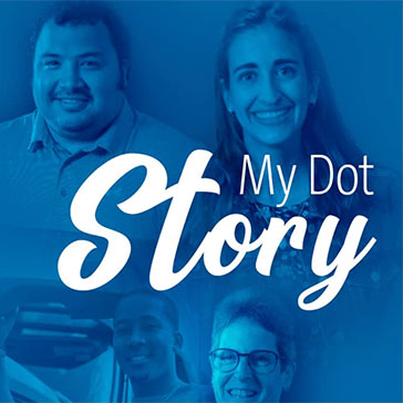 Four Dot Foods employees with a blue overlay and the words "My Dot Story" written in big bold letters over the image