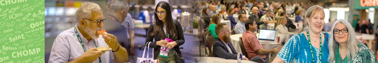 Images of people eating, listening to speakers, and browsing booths at trade show 