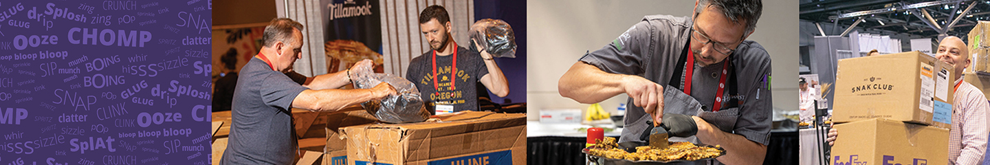 Images of people preparing food and carrying/opening boxes at trade show